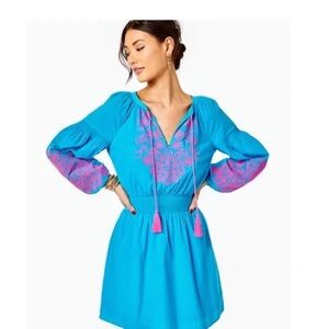 Lilly Pulitzer Analynn Tunic Dress Turquoise Oasis Blue Dress Pink Embroidery